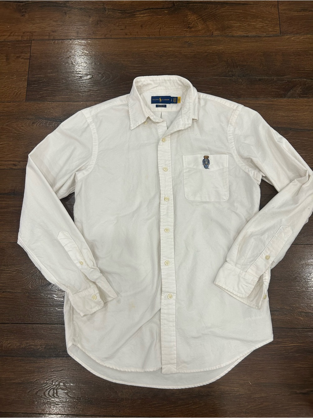 Ralph Lauren Men's White Button-Down Oxford Shirt with Embroidered Polo Bear